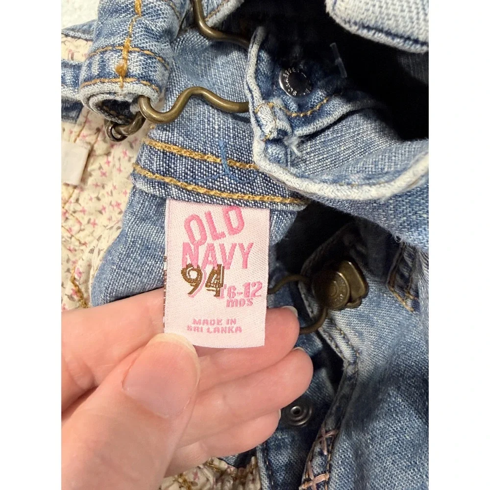 Vtg y2k Old Navy Denim Overalls Baby girls sz 6-12 Months Pink embroidery Cotton